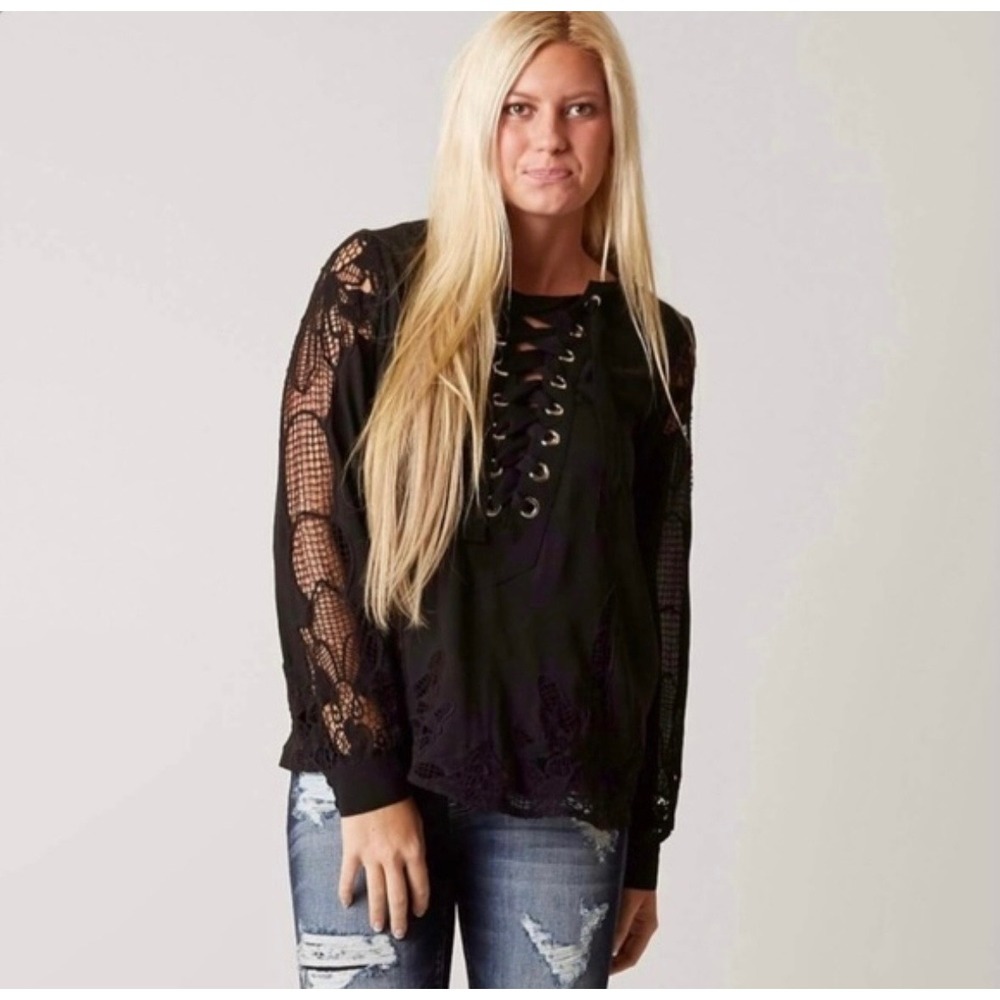 Gimmicks Blouse Black Lace Crochet Lace Up Boho Whimsigoth  Witchy Dark Medium